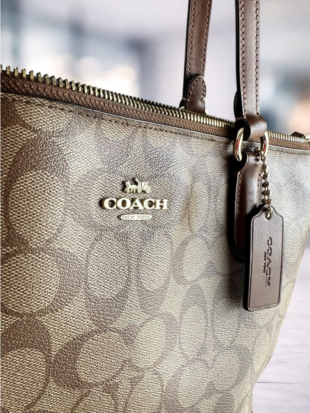 Coach Monogram Canvas Tote in Brown with Leather Trim - Picture 5 of 7